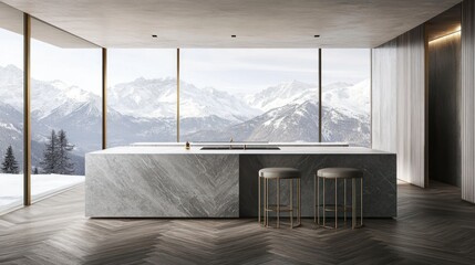 Modern kitchen, mountain view, snowy landscape, island, interior design