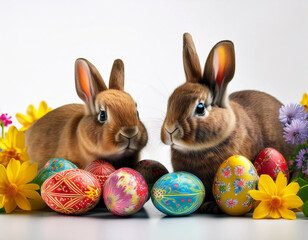Two Brown bunnies with Easter eggs on white background copy space Easter festival Spring season