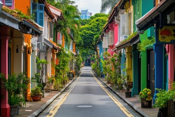 Daytime Alleyway in Singapore Framed by Lush Green Trees and Clear Blue Sky