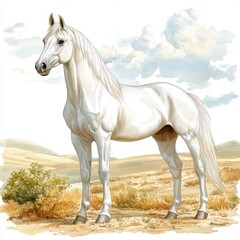 Obraz premium An elegant horse standing proudly against a backdrop of rolling hills, its coat shimmering under the clear sky, watercolor clip art, isolated on white background