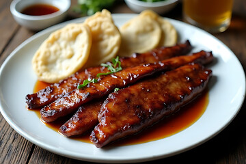 Savoring grilled bbq pork restaurant food photography cozy setting close-up culinary delight