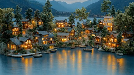 Obraz premium Miniature lakefront village at twilight