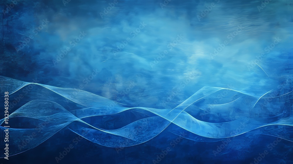 Poster abstract blue background with flowing wave-like curved lines and subtle grunge textures, creating a 