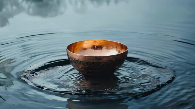 Mesmerizing copper bowl resonance: meditative water ripples and sound healing with tibetan singing bowl in tranquil lake