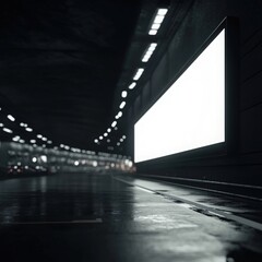 Blank Billboard in Dark Wet Urban Tunnel at Night
