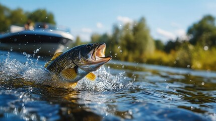 Fototapeta premium Fish jumping out of the water near a fishing boat on a lake