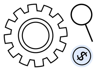 Gear, magnifying glass, and dollar sign emphasize optimization, research, finance, and productivity. Ideal for business, strategy, success analysis development economics and innovation concepts
