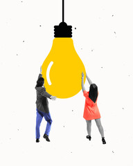 People reaching for giant lightbulb, symbolizing innovation and ideas development. Synergy in...