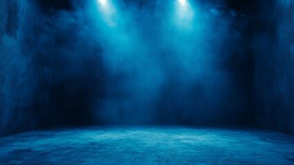Fototapeta premium Abstract Blue Studio Room with Neon Spotlight for Product Display - Dark 3D Render.