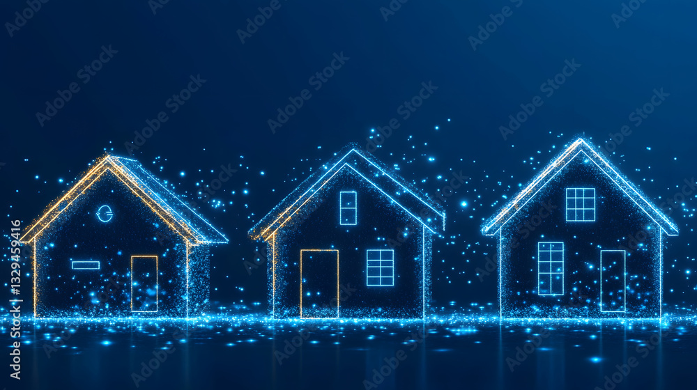 Poster three digital houses illuminated in blue and yellow, surrounded by glowing particles, representing t