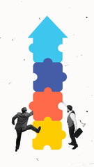 Business partners climbing interconnected puzzle pieces shaped as arrow. Synergy of strategy,...