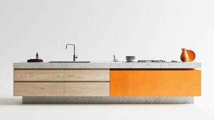 Modern kitchen island, orange cabinet, white background, minimalist design, home decor