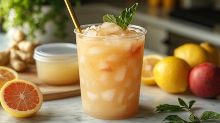 Fototapeta premium A clear glass filled with a cold, refreshing drink featuring citrus and ginger sits on a marble countertop. Fresh lemons and an apple accompany the beverage, creating a vibrant kitchen atmosphere.