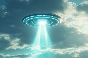 Illuminating Beam from a Hovering UFO: An Artistic 3D Rendering of Alien Encounter