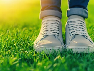 A close-up of sneakers resting on lush green grass, illuminated by soft sunlight, creating a fresh and vibrant atmosphere.