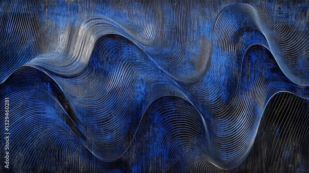 Poster abstract blue background with flowing wave-like curved lines and subtle grunge textures, creating a 