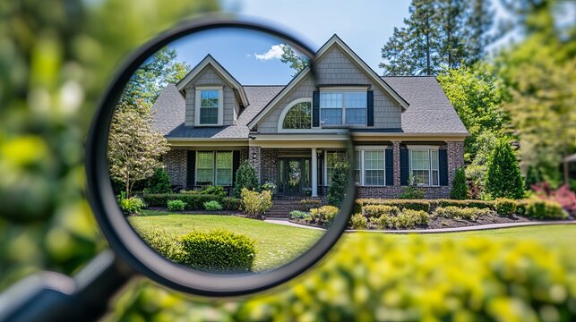 a magnifying glass focuses on a luxurious house, highlighting details of the building