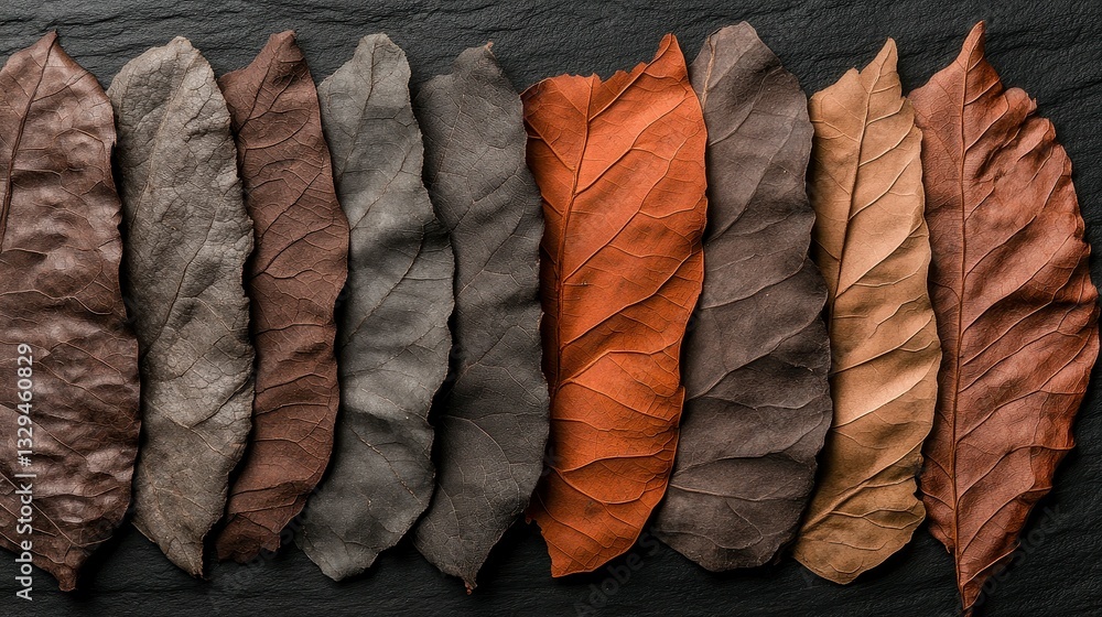 Poster an array of autumn leaves showcasing a stunning palette of earthy tones arranged elegantly on a text