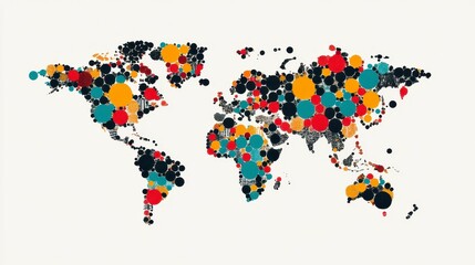 Obraz premium A vibrant world map illustrating data visualization through colorful circles representing various statistics across continents