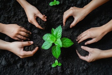 People gathering around to plant seedlings in rich soil while engaging in a community gardening...
