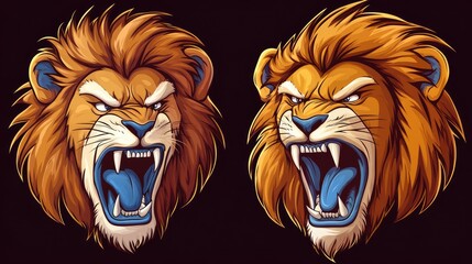 Angry lion heads, fierce expression, graphic design, for a poster or branding