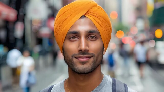 Person wearing a bright orange turban smiles in a vibrant urban street filled with pedestrians and city life