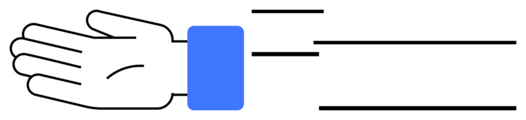 Outstretched hand with blue cuff and horizontal motion lines suggesting offering, help, or connection. Ideal for assistance, collaboration, teamwork, outreach, partnership, sharing communication