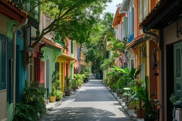 Obraz premium Lush Alleyway of Singapore's Iconic Trees Under a Summer Sky