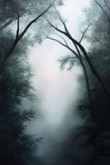 Obraz premium Thick impasto strokes create depth in this acrylic painting of a dark forest at twilight. Muted tones and misty trees evoke a sense of mystery and atmosphere