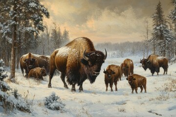Majestic Buffalo Winter Scene: American Bison Family Group in Stunning Cold Conditions