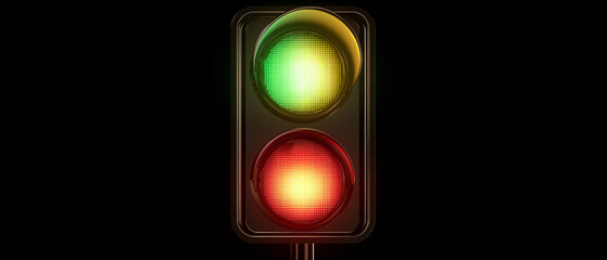 black traffic light with red and green lights illuminated against a dark background