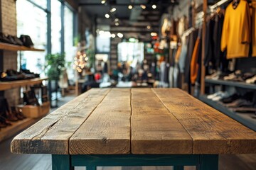 Modern retail interior showcases wooden table and clothing racks in a vibrant shopping environment