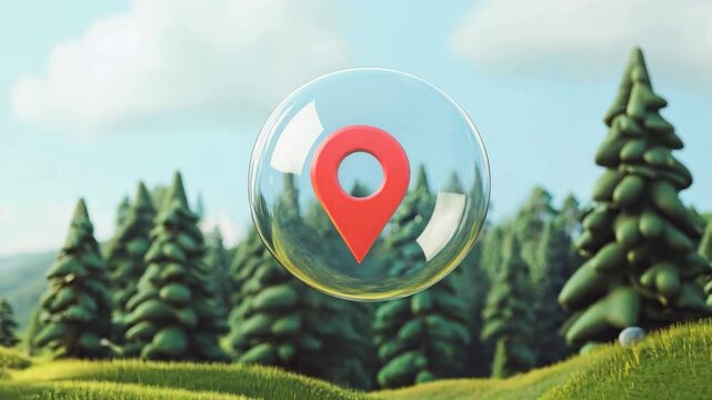 Cartoon bubble with location pin in vibrant forest landscape of nature and fun hills.