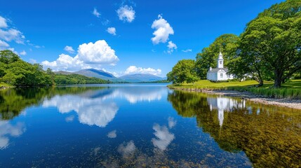 White church on lake shore reflects on peaceful water
