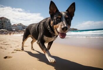 australian stumpy dog running  on the beach