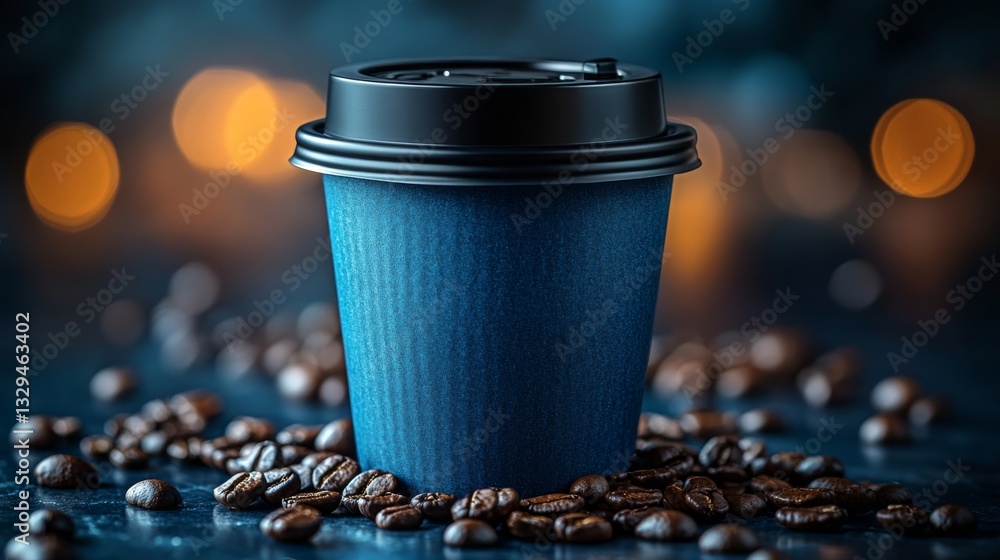 Aufkleber a blue coffee cup sits on a surface scattered with coffee beans. the warm background lights create a