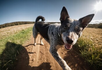 Naklejka premium australian stumpy dog running in the meadown