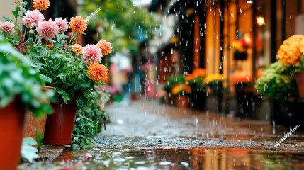 Vibrant Potted Flowers in a Rainy Street Scene