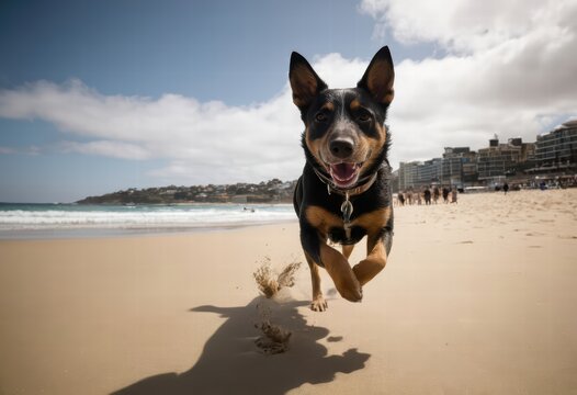 australian stumpy dog running  on the beach