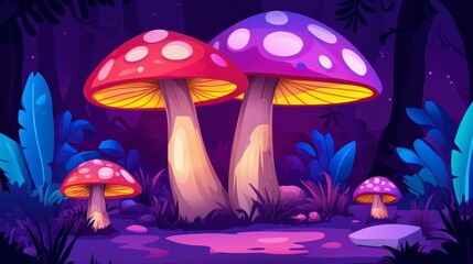 Fototapeta premium Whimsical fantasy forest scene featuring vibrant glowing mushrooms under a starry night sky