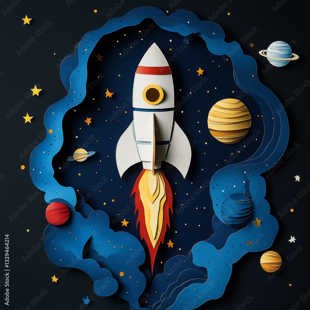Poster a colorful rocket soaring through space. the design features vibrant planets and stars in a creative