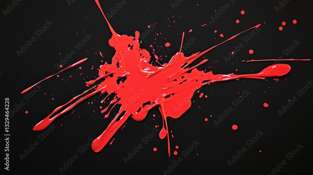 Poster dynamic red paint splatter forming an abstract artistic pattern on a dark black background, creating