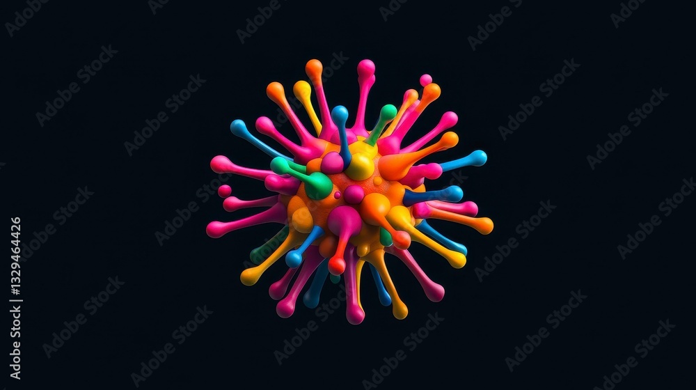 Poster colorful abstract representation of a virus with vibrant spikes and a dark background showcasing the