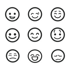 Black outline emoticon set isolated on white background 