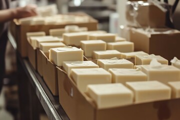 Fototapeta premium Handmade soap bars in cardboard boxes on workshop table