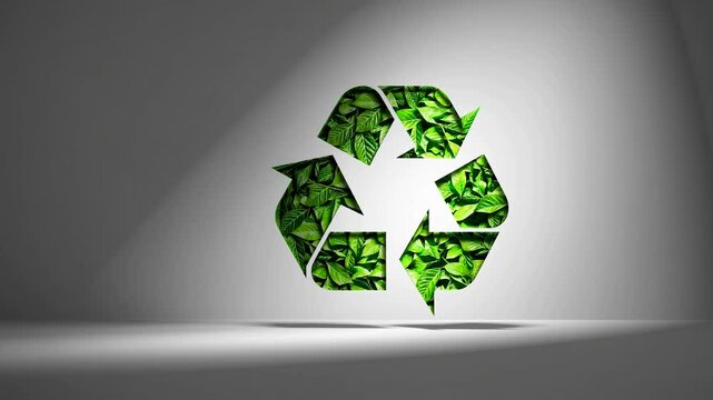 Eco-friendly close-up of a recycling symbol made of fresh green leaves, illuminated by a bright, dynamic light that creates striking highlights and deep shadows. 