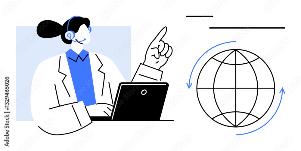 Poster professional with headset using a laptop, gesturing towards a globe with arrows, symbolizing global 