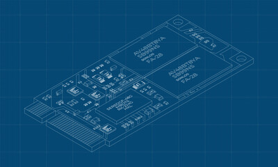 Isometric solid state drive blueprint. Drive ssd storage illustration. SSD M.2 illustration. Computer hardware components. Vector illustration