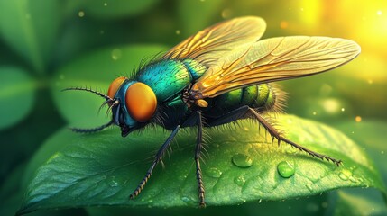 Close-up of a colorful fly on leaf with vibrant wings in nature