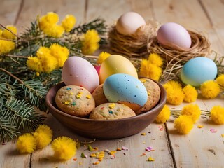 Obraz premium Festive Easter composition with egg-shaped cookies, mimosa branches, and painted eggs on a light wooden background